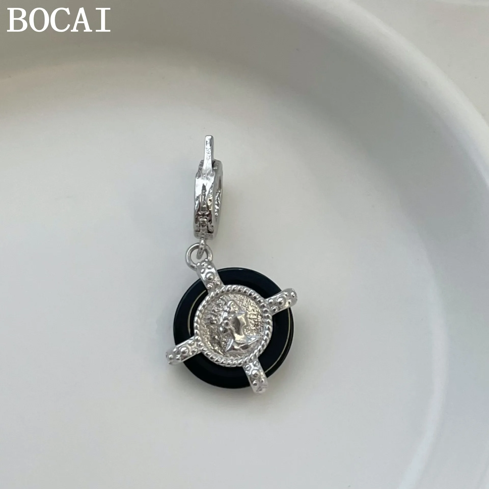 

BOCAI S925 Silver Fashionable And Luxurious Black Enamel Drip glaze Round Double-sided Pendant