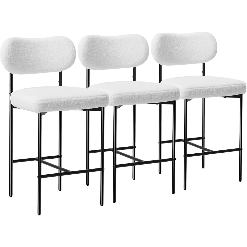 26'' Bar Stools Set of 3 Boucle Counter Height Barstools Set Upholstered Modern Bar Stools Chairs with Back Metal Legs for Kitc