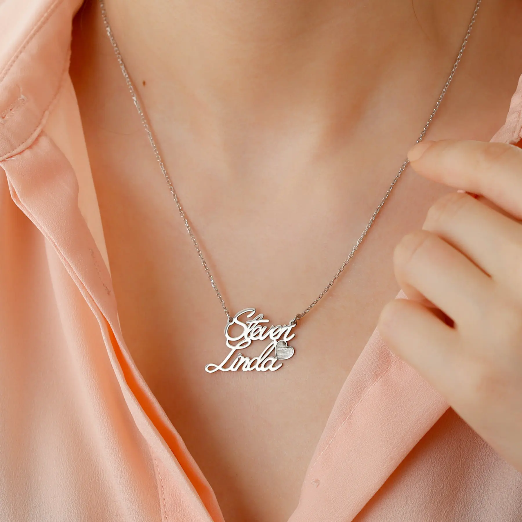 Personalized Couple Name Necklace with Heart, Customize Couple Name Jewelry, Double Name Necklace, Family Necklace, silver, Best