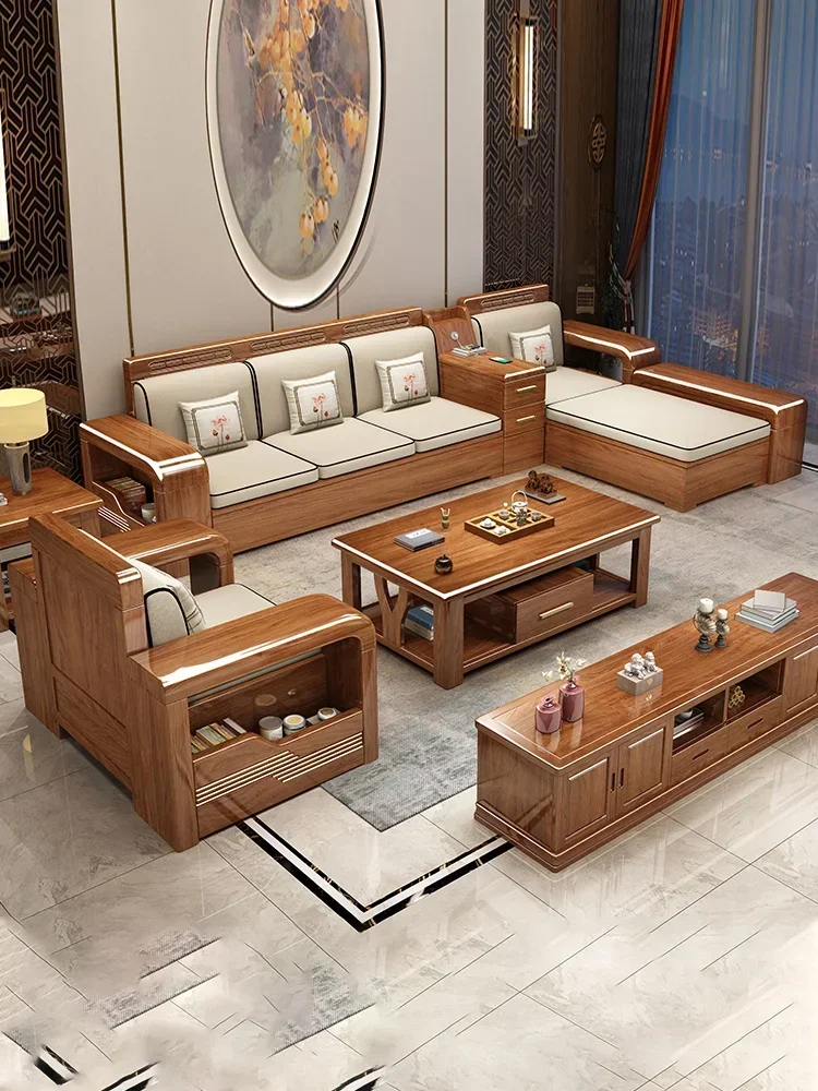 Walnut wood solid wood sofa storage large family living room combined furniture wooden solid wood tea table TV cabinet