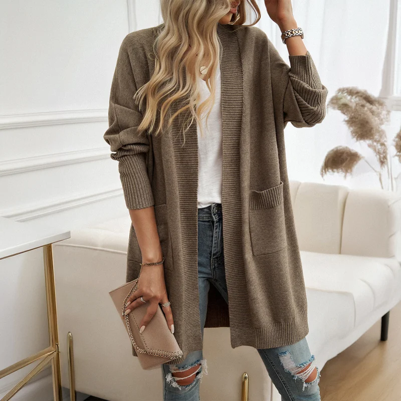 DY-2024Autumn and Winter Women's Batwing Sleeve Elegant Cardigan Solid Color Sweater Coat