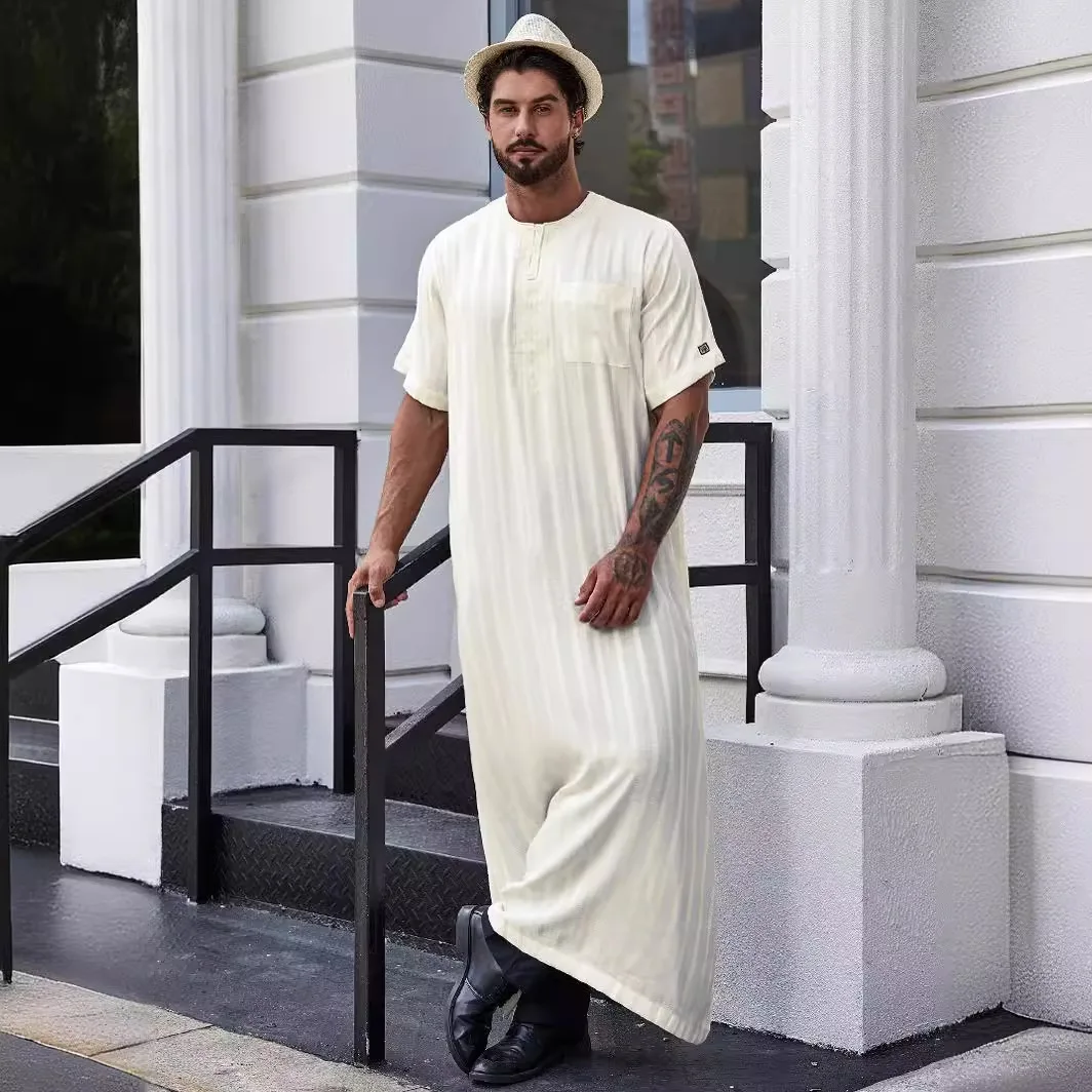 Muslim Fashion Men Long Robes Short Sleeve Man Vintage Solid Muslim Kaftan Long Shirts Casual Thobe for Men Muslim Men Clothing