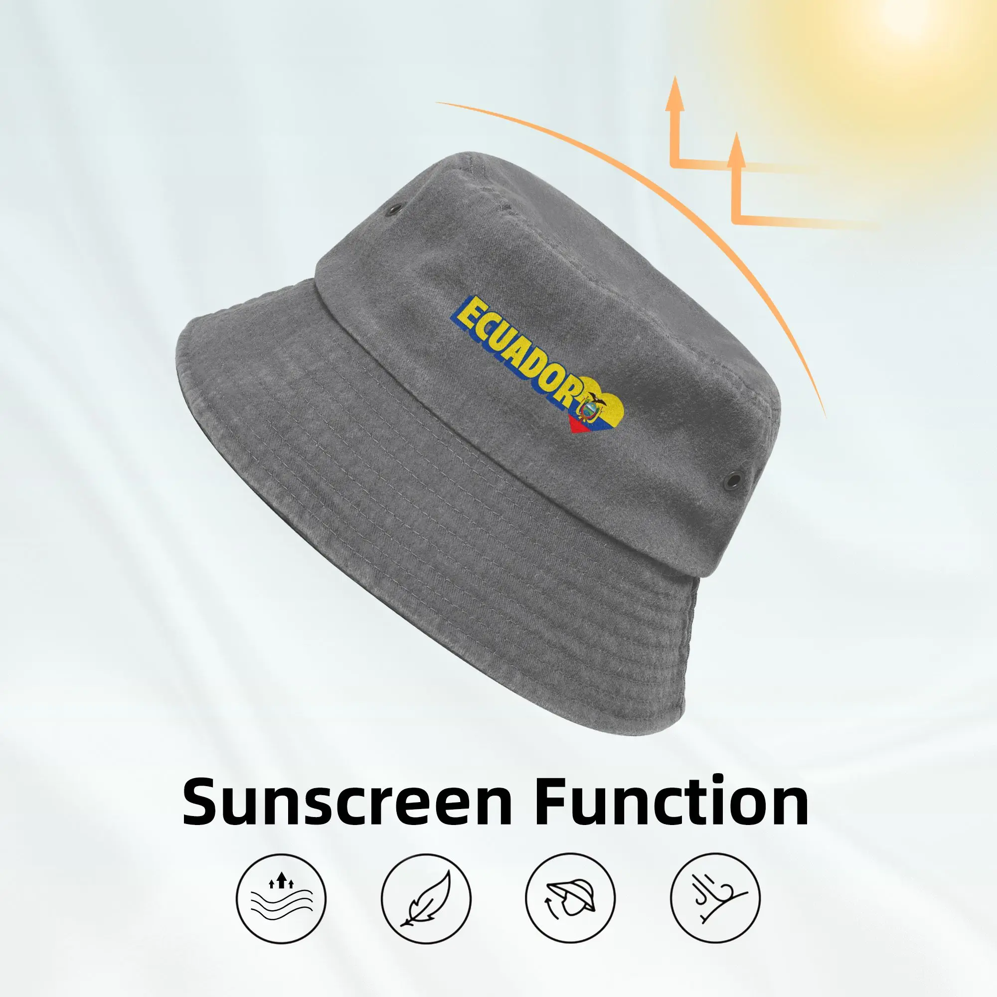 Unique Design Ecuador Flag Cotton Bucket Hat For Unisex  Washed Distressed Bob Hat Beach Vacation Getaway Headwear