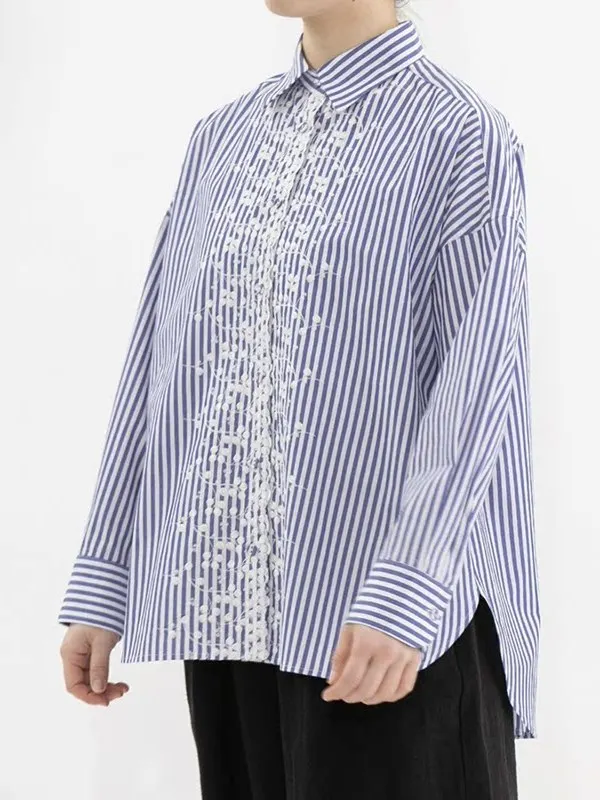Japanese Style Long Sleeve Embroidered Striped Loose Fit Women's Shirt Cotton Autumn Top Artistic Personality Loose Collar