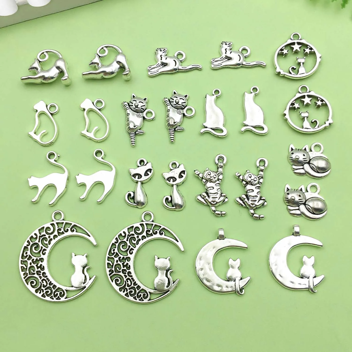 20/24pcs Antique Silvery Cat Design Pendants Alloy Animal Charms for DIY Bracelet Necklace Jewelry Making Accessories