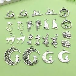 20/24pcs Antique Silvery Cat Design Pendants Alloy Animal Charms for DIY Bracelet Necklace Jewelry Making Accessories