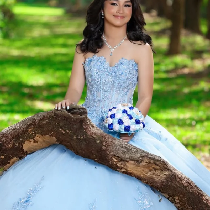 

Customized sky blue Quinceanera Dresses Off the Shoulder sequin applique Lace 3D flower Long tail Vestido 15 Quinceanera
