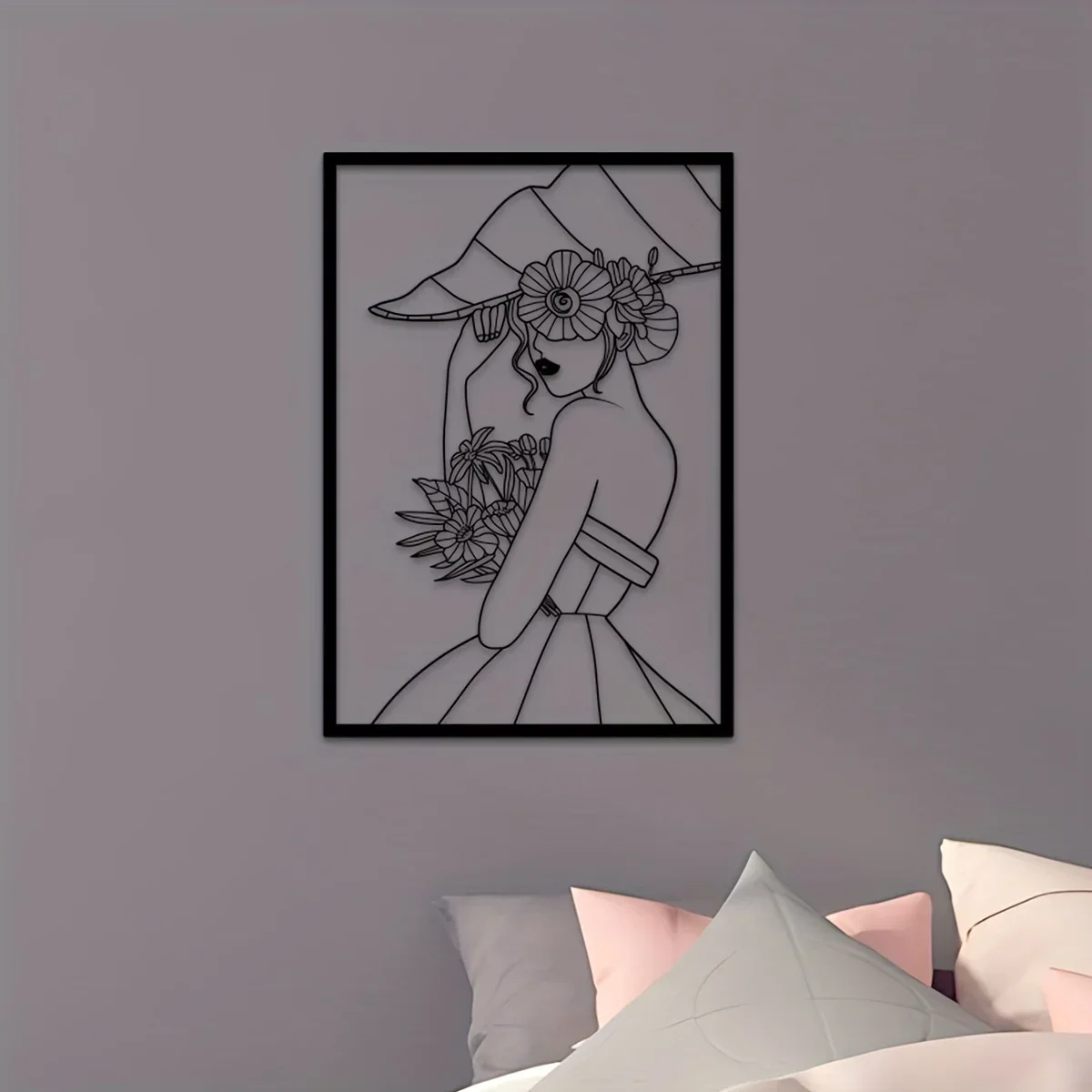 Vintage Lady Metal Wall Art, nero e oro, minimalista astratto femminile Single Line Art-donne moderne che disegnano per la decorazione della parete