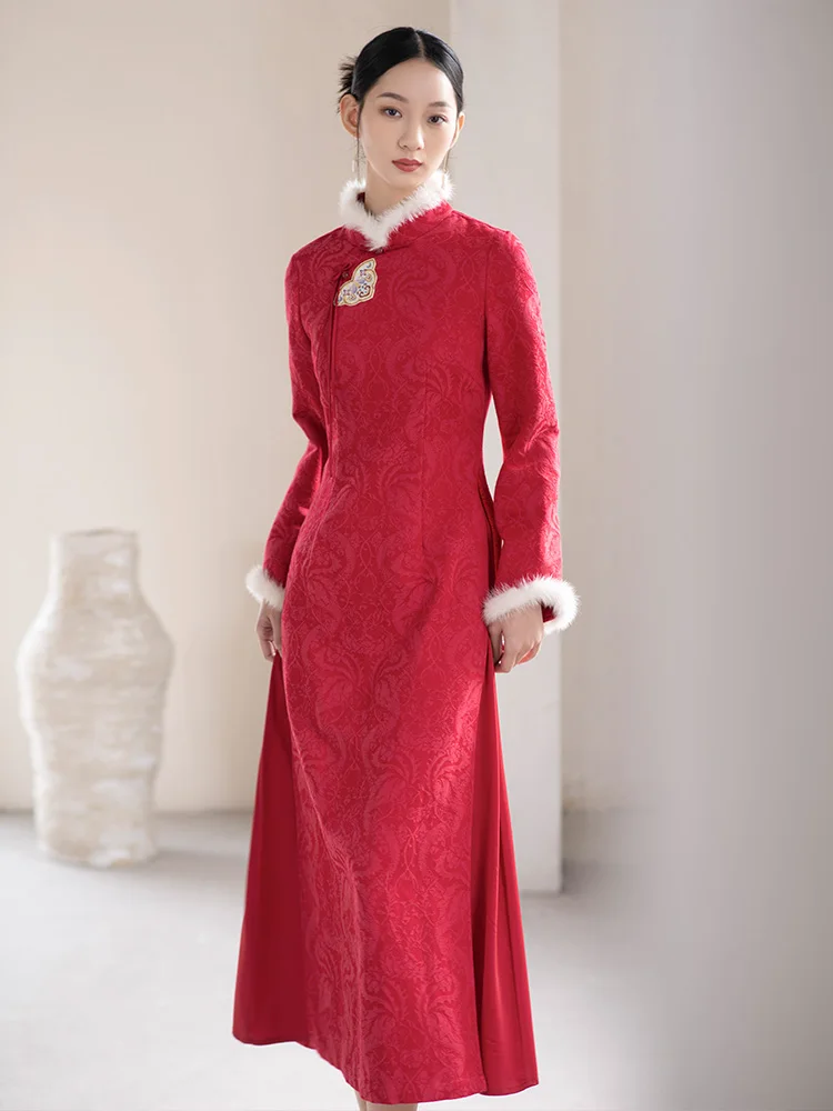 

Новинка! Красное женское осенне-зимнее платье-ципао с длинным рукавом из хлопка для праздничных встреч и Нового года.