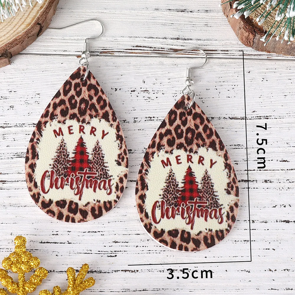 Amazon's new Christmas leopard print plaid Christmas tree water drop pendant earrings PU leather double-sided earri