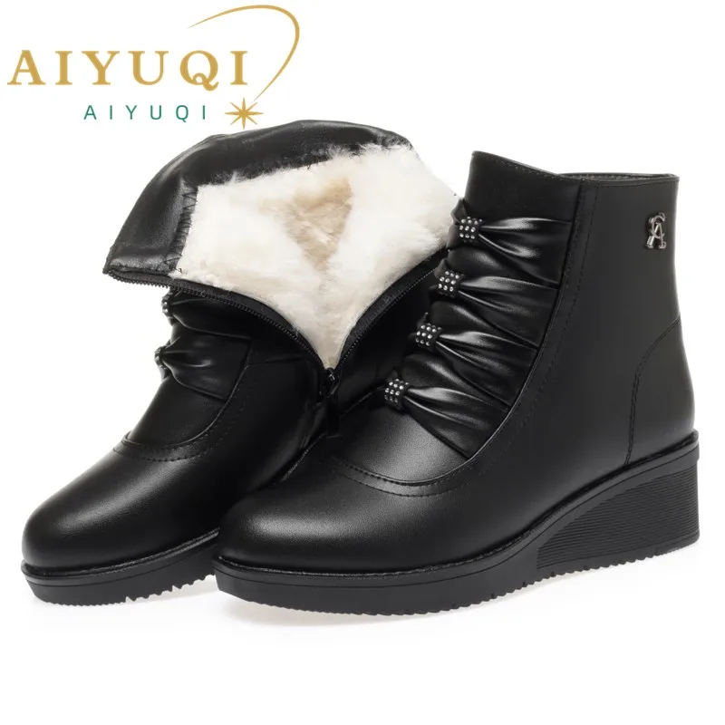 

AIYUQI Mom Winter Shoes Boots Wedge 2025 New Genuine Leather Women Snow Boots Round Toe Casual Chunky Warm Ladies Short Boots