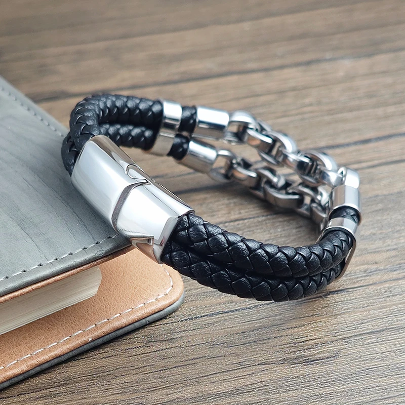 Mehrschichtiges Herren-Lederarmband mit Edelstahl-Mechanik-Elementen, kubanische Kette, geometrisches Muster, Armreifen für Herren, Schmuckgeschenk – Detail 5
