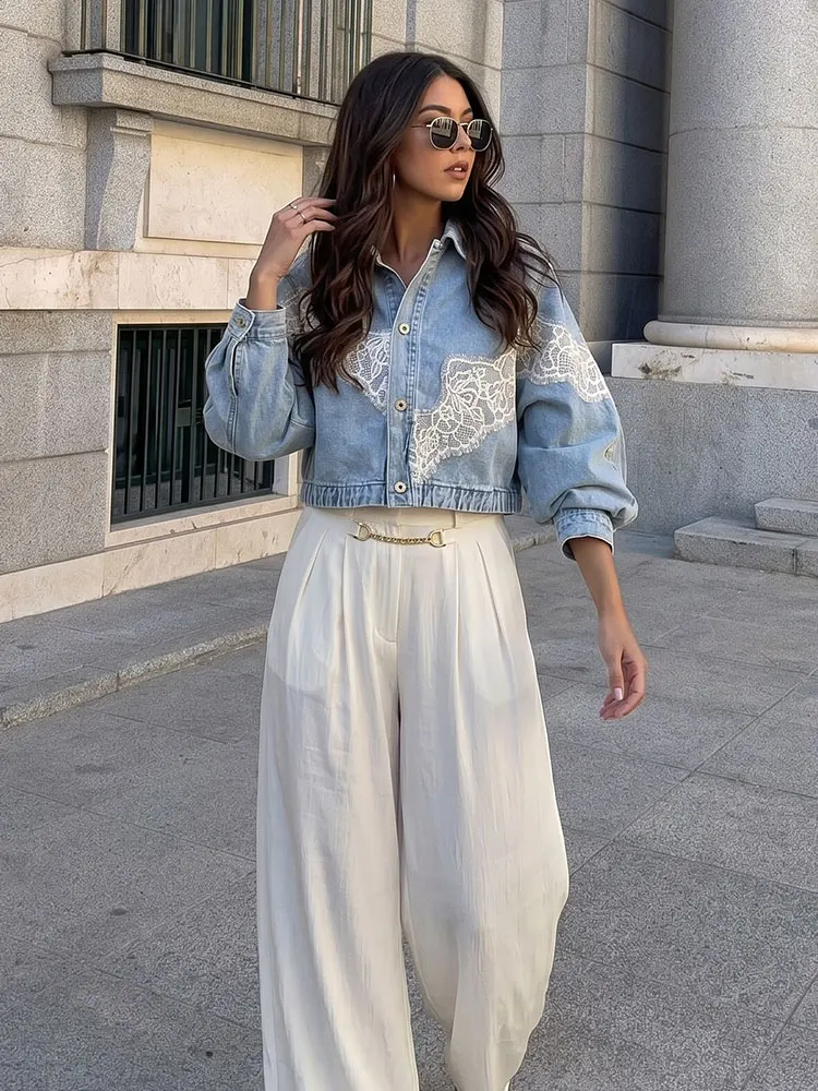 Women Elegant Floral Lace Splicing Denim Jackets Button Batwing Sleeve Cropped Coat Loose Casual Woman Chic Oversized Outwear view 2