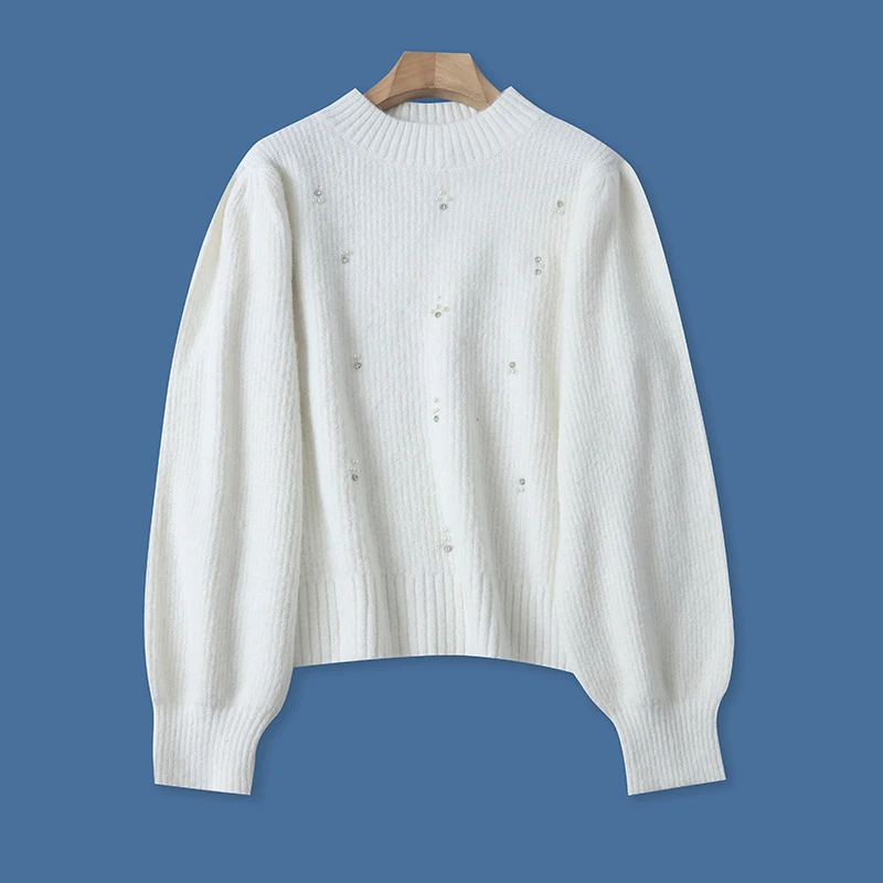 

Soft Cozy round Ne Pullover Diamond Embellied Loose Women's Sweater Autumn Winter New Sle Commute Loose Fit Long Sve