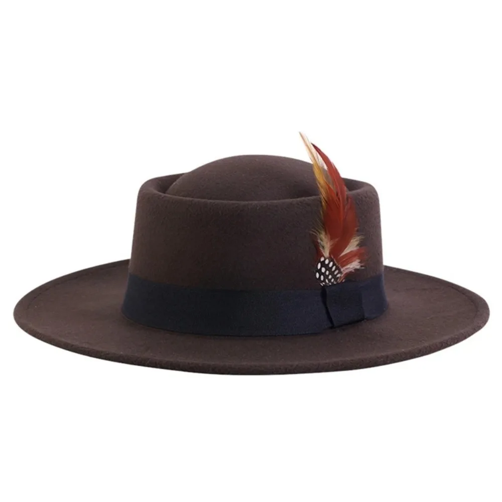 Retro Feather Felt Hat Classic Small Flat Top Polk Pie Coffee Top Hat Church Hats Large Brim Panama Convex Top Jazz Hats