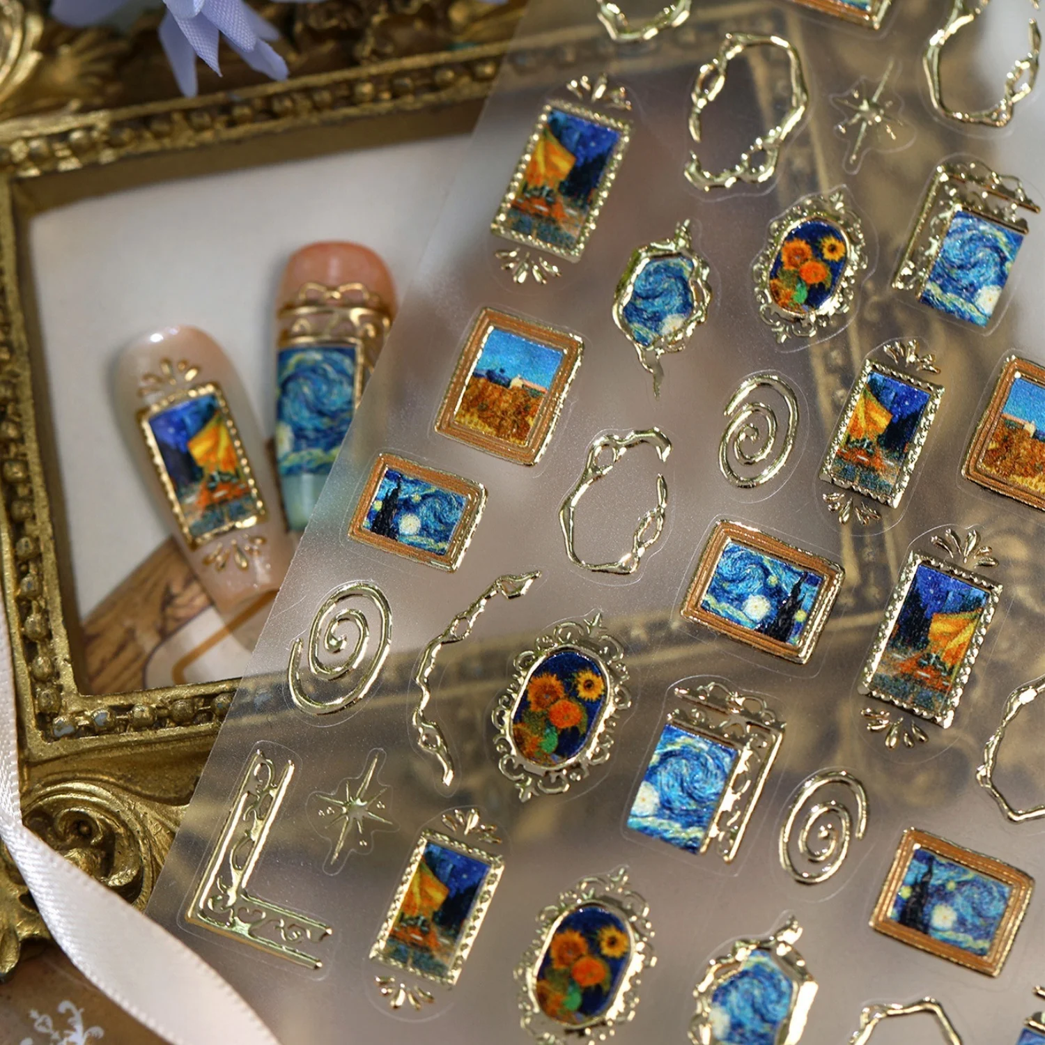 Retro Gold Frame 5D Nail Stickers Starry Night Sunflower Starburst Spiral Lines Hot‑Stamped Golden Border Self‑Adhesive Decals