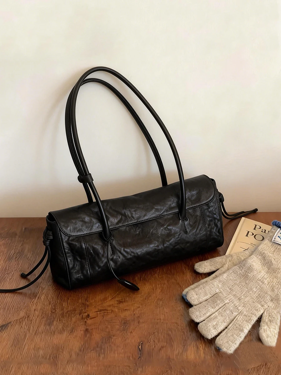 Black Tanned Leather French Bread Bag Women's New 2026 Luxury Minimalist High-End Feelings Single Shoulder Armpit Tote Bag Sp...