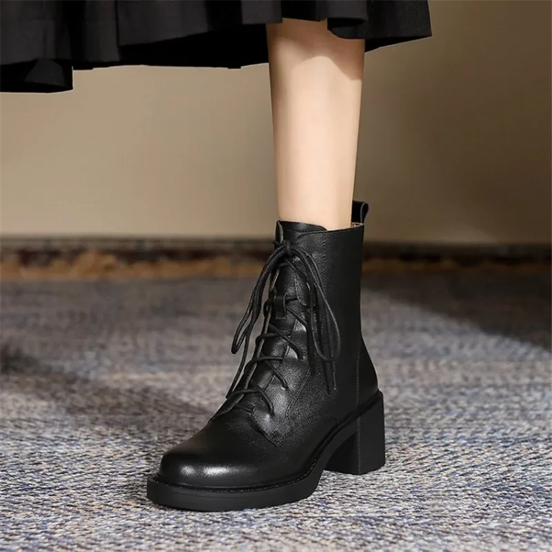 2024 Winter Genuine Leather Women Boots Round Toe Thick Heel Lace Up Fashion Ankle Boots Retro Boots  Platform Shoes Heels Grown