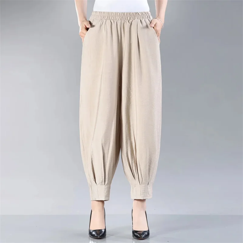 2023 New Middle-Aged Elderly Women's Pants Thin Cotton And Linen Casual Pants Summer Female Elastic Waist Loose Harem Pants