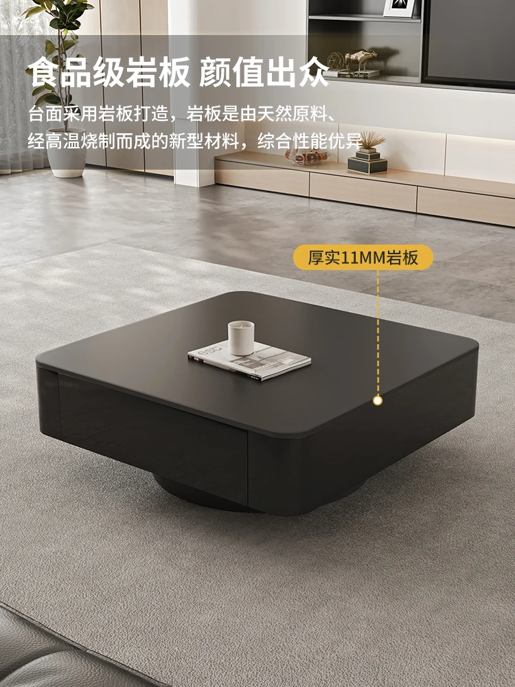 

Italian light luxury living room household small apartment high-end creative design square pure black rock slab coffee table com