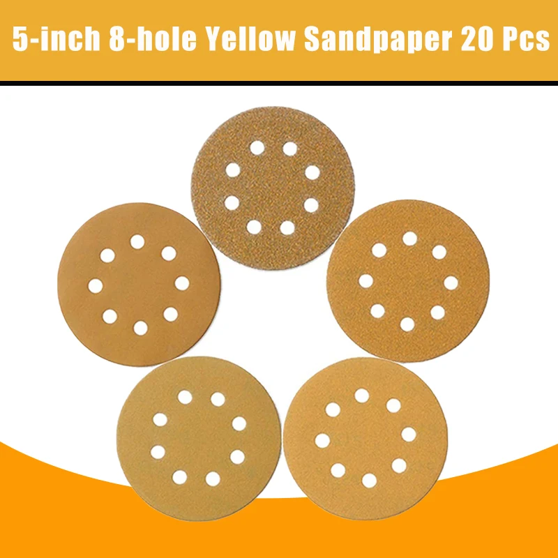 5-inch 8-hole 125mm Yellow Sanding Discs Hook & Loop Sand Paper 20 Pcs 40-800 Grit Grinding Disc Abrasive Polishing Tool