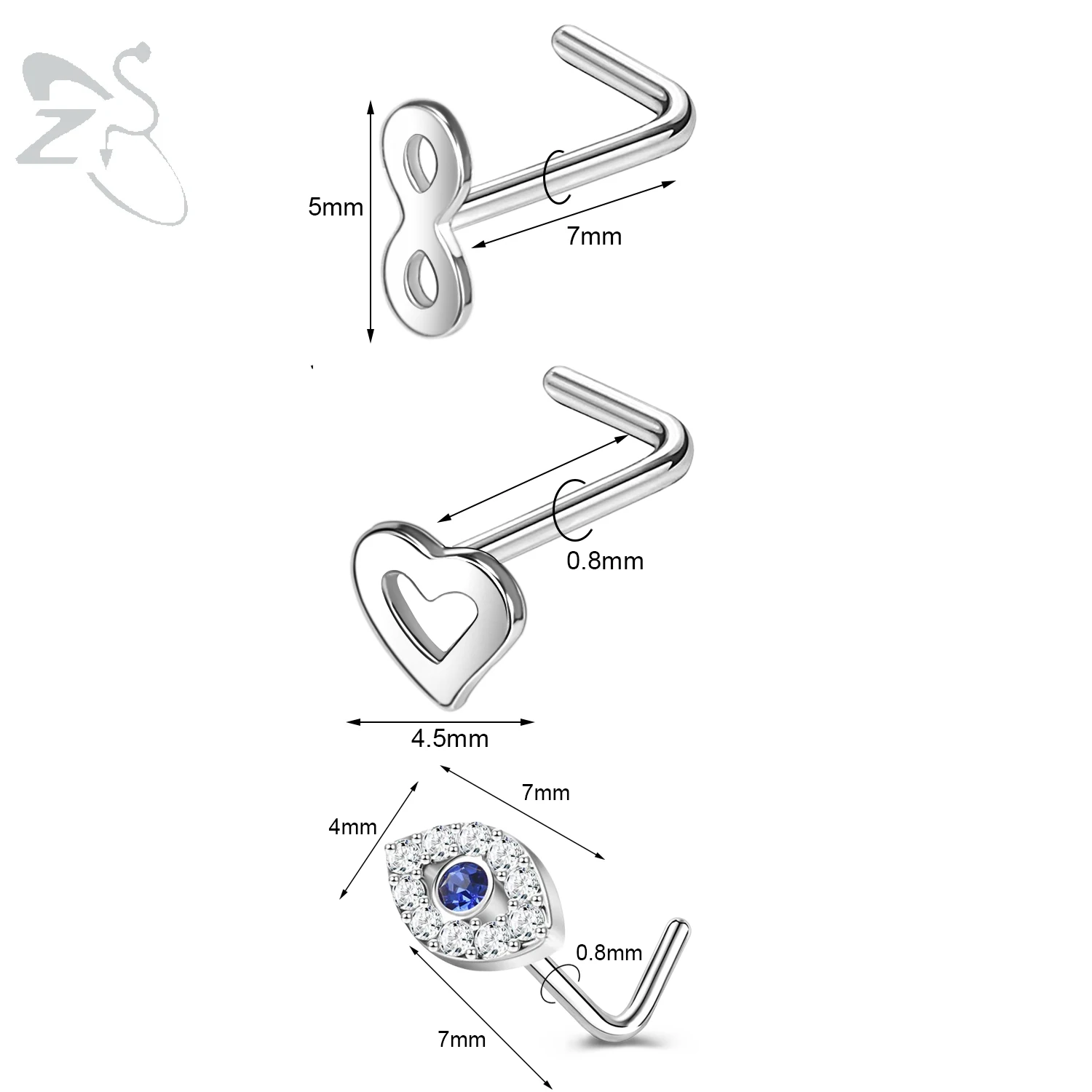 3pcs Stainless Steel Nose Stud Set with Crystals