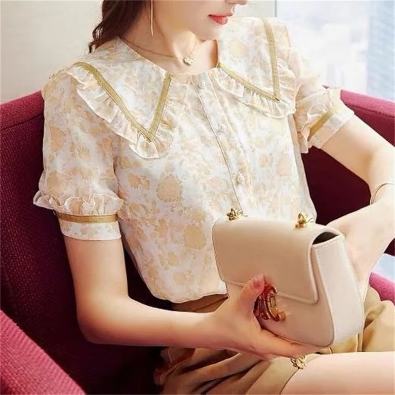 Woman Spring Summer Style Blouses Shirts Girls Cute Short Puff Sleeve Peter Pan Collar Blusas Tops G2635