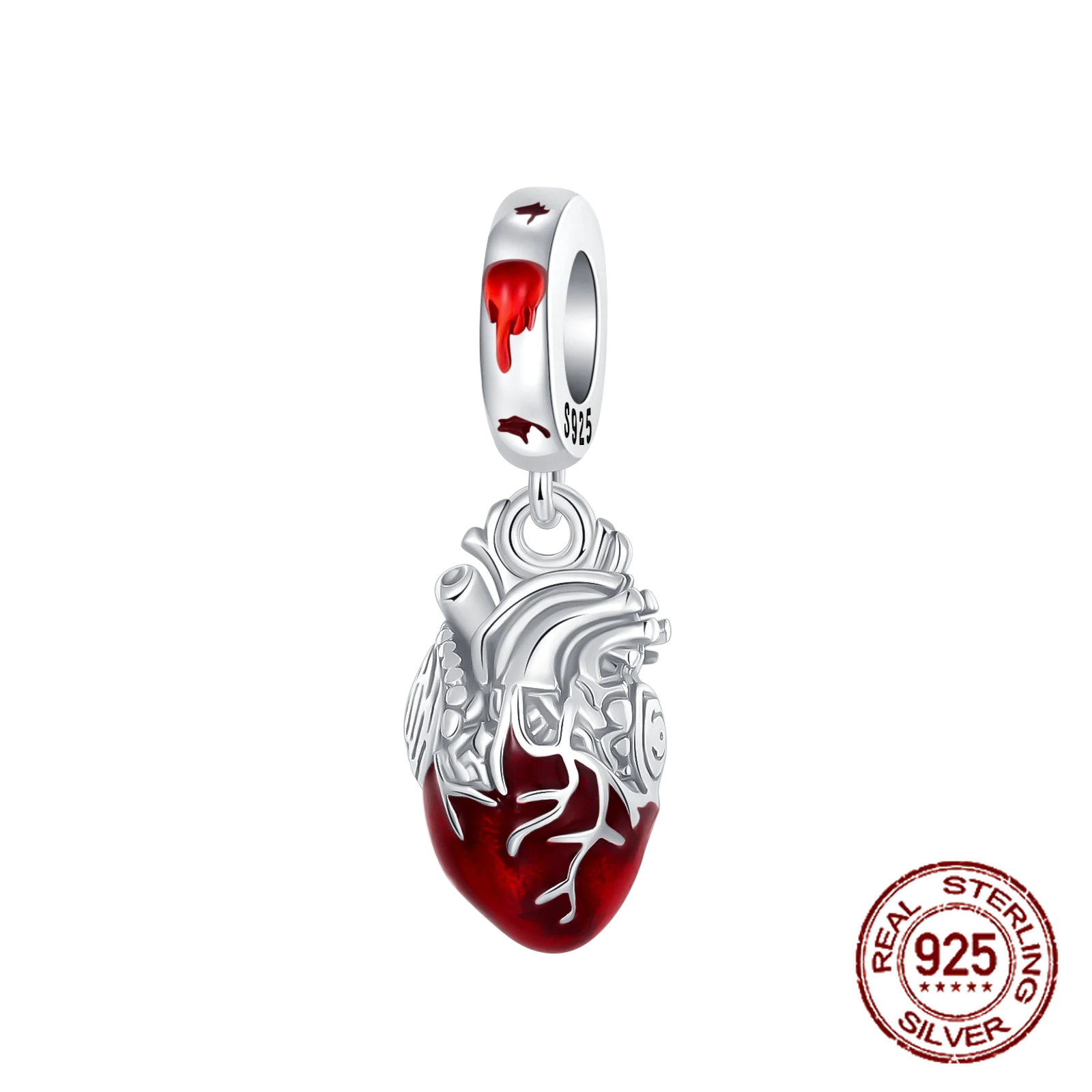 

925 Sterling Silver Gothic Style Blood Red Heart Pendant Charm Fit Original Charm Bracelets Women DIY Jewelry Gift