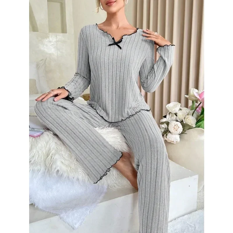 Autumn Winter Sleepwear Ribbed Pajamas Set Women Long Sleeve Top and Long Pants 2 Piece Casual Homewear Loungewear