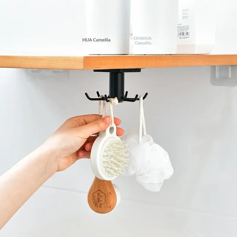 Adhesive Under Cabinet Kitchen Utensil Hanger With 360 Rotation 6 Hooks For Home Kitchen Utensil Storage