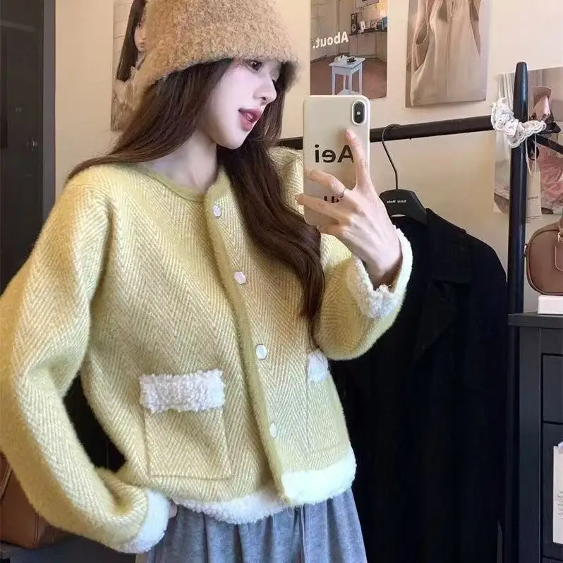 

Tweed Jacket Long Sleeve Womens Winter Multi-Functional Double-Sided Class Flaps Zippers Panelled Bomber Campus Overlong Stylish