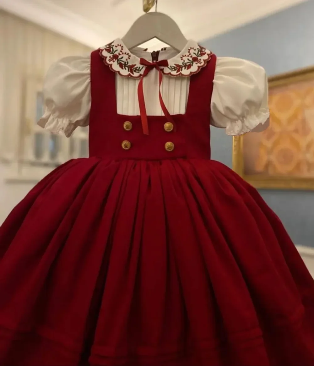 

Baby Girl Autumn Red Flower Embroidery Vintage Spanish Princess Ball Gown Dress for Causal Party Holiday