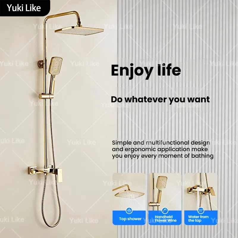 

Набор душевой системы для ванной комнаты, золотой многофункциональный туалетный набор под давлением, контроль горячей и холодной воды, антикоррозийный водопадный душевой набор