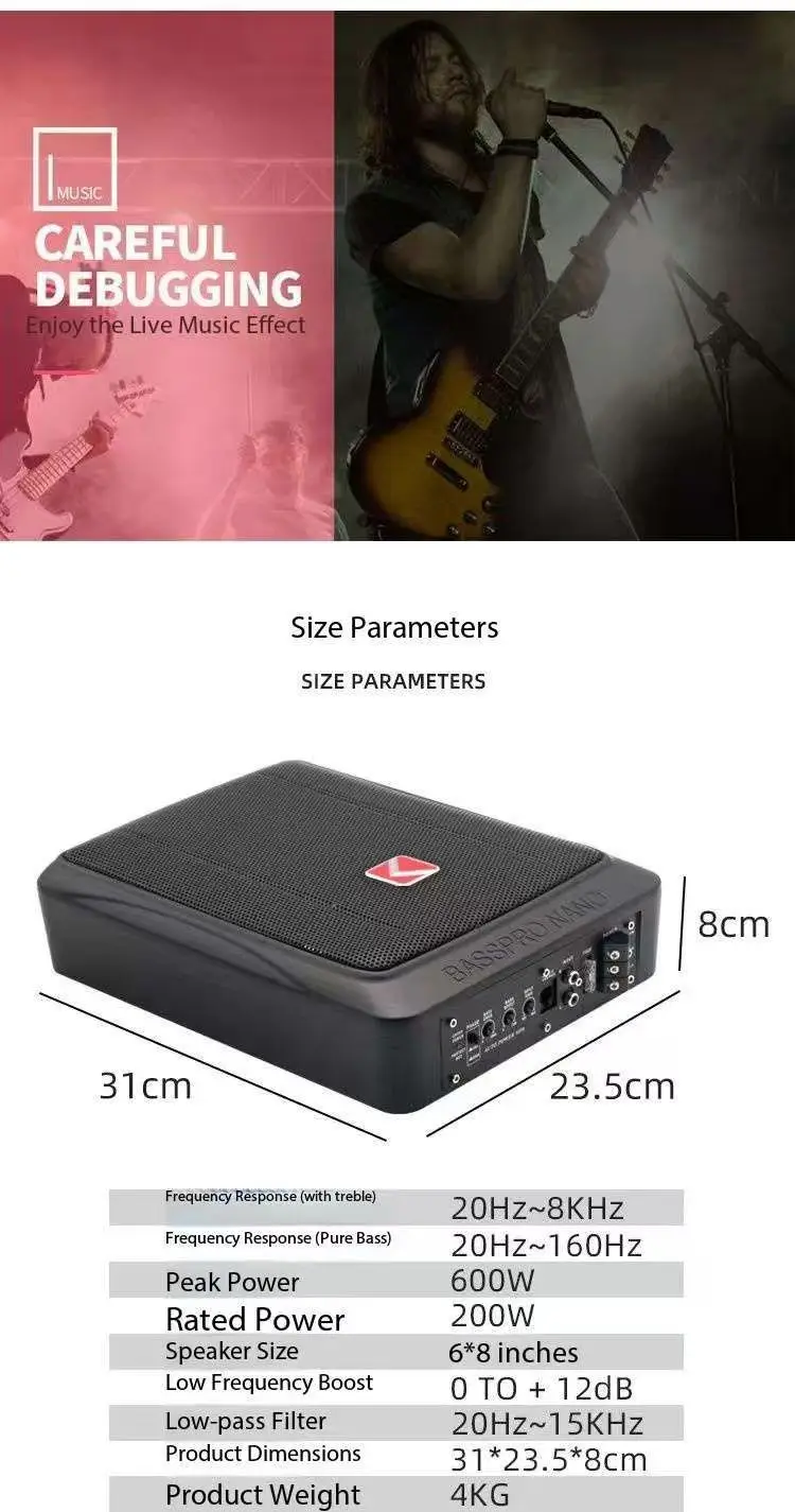 6*8 inch Slim Car Audio Active Subwoofer with Tweeter for 24V Or 12V  Built-in Bluetooth RMS Power 200W (Switchable Pure Bass)