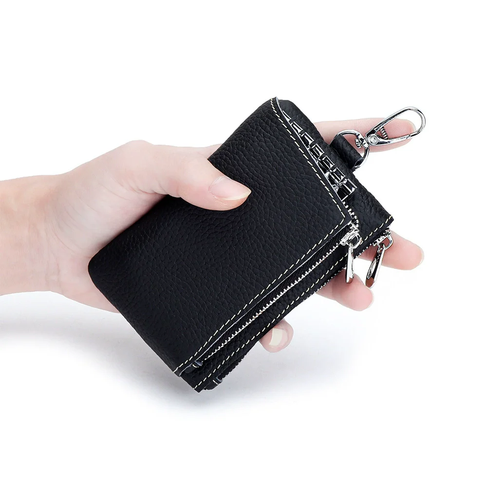 Double-layer Zipper Key Pouch Card Holder Genuine Leather Unisex Key Wallets Organizer Bag Housekeeper Door Keychain Coin Purse