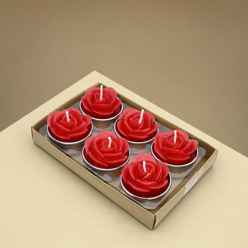 6-Pack Romantic Red Rose-Shaped Tea Lamp Wax Candles Smokeless Safe for Wedding Proposal Party Dates Home Decor