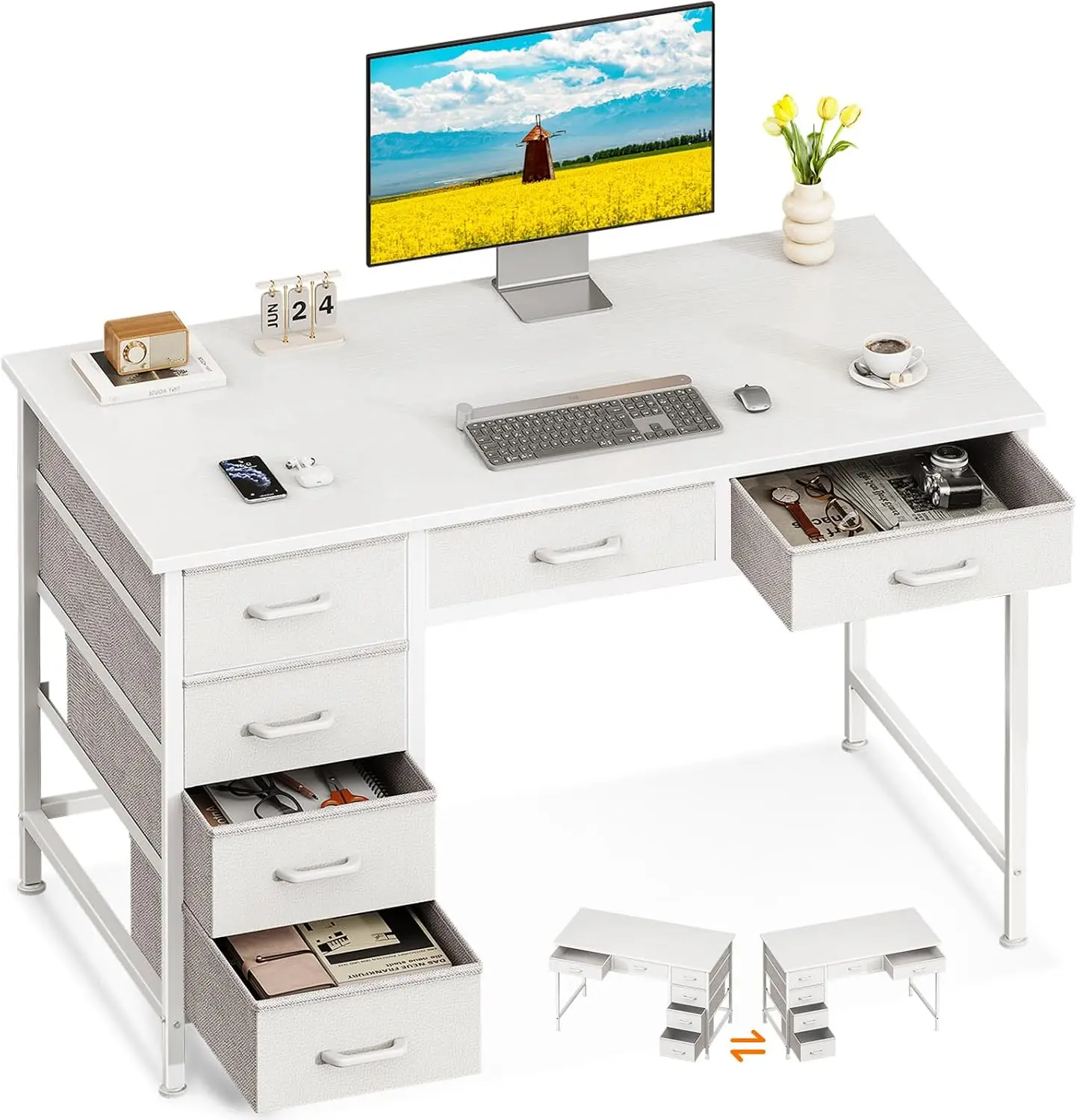 40 Inch White Computer Desk with 6 Drawers | Small study desk, space saving home office table