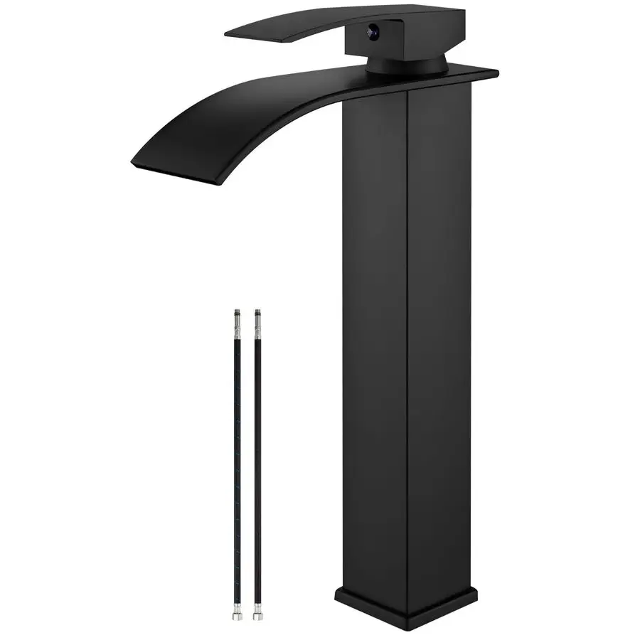 

Vessel Sink Faucet Matte Black, Tall Waterfall Bathroom Faucet, Single Handle One Hole Mixer Bowl Tap with Large Rectangular Spo