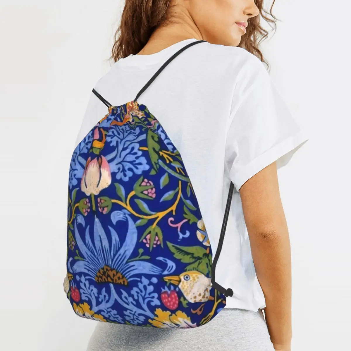 William Morris Strawberry Thief Backpacks Multi-function Drawstring Bundle Pocket Storage Bag Book Bags for Man Woman School