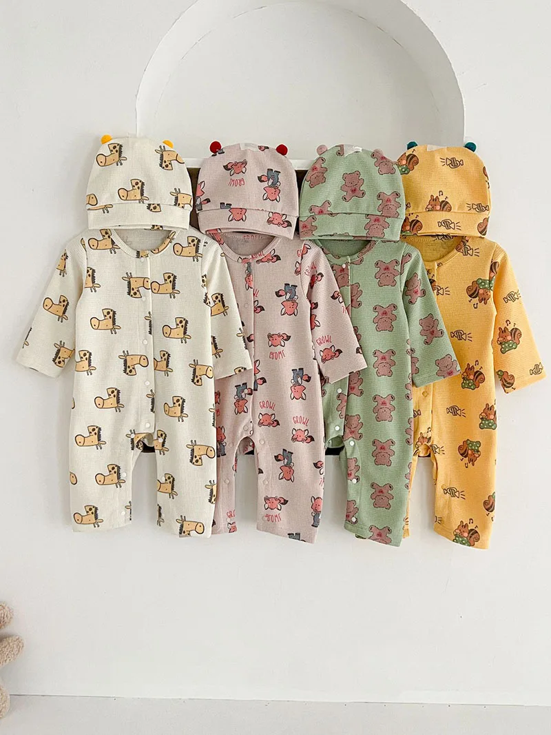 MILANCEL ﻿Baby Rompers with Hat 2024 Autumn Newborn Waffle Onesie Clothes Infant Boys Girls Cute Cartoon Printed Jumpsuits