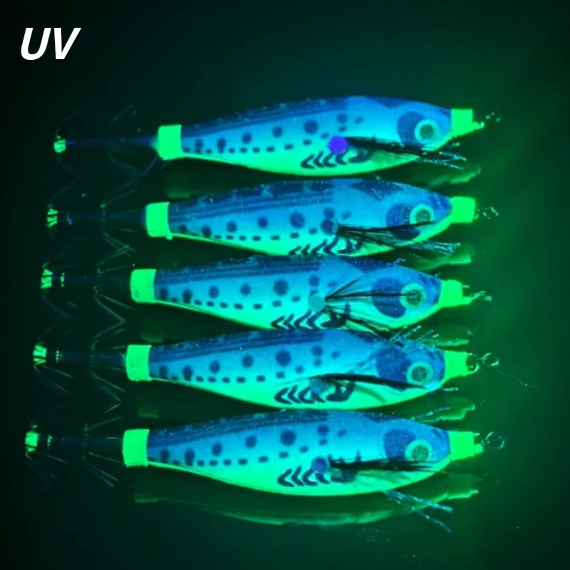 5 Stück Tintenfisch-Jig Egi-Köder mit UV-Leuchteffekt im Dunkeln, Hartköder mit scharfem Regenhäubchenhaken und rotem Lametta für Salzwasser-Tintenfisch, Sepia und Meeresfische – Detail 4