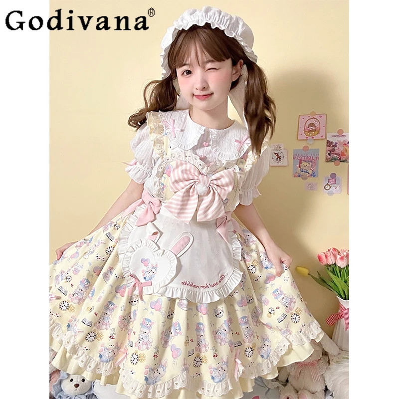 Original Kawaii Lolita Suspender Dress Jsk Girls Sweet Cute Short Birthday Party Dress Set Two Piece Set Long-sleeved Shirt