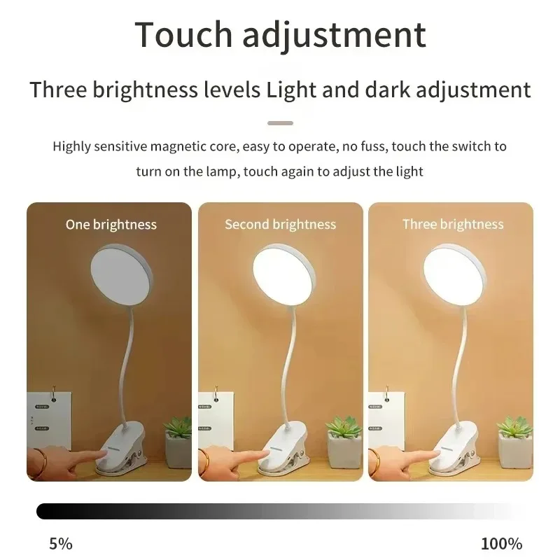 Lámpara de Mesa LED Recargable por USB, Lámpara de Noche con Abrazadera Plegable, Lámpara de Lectura con Soporte de Estudio, Táctil, 3 Modos de Atenuación, Luz de Protección Ocular