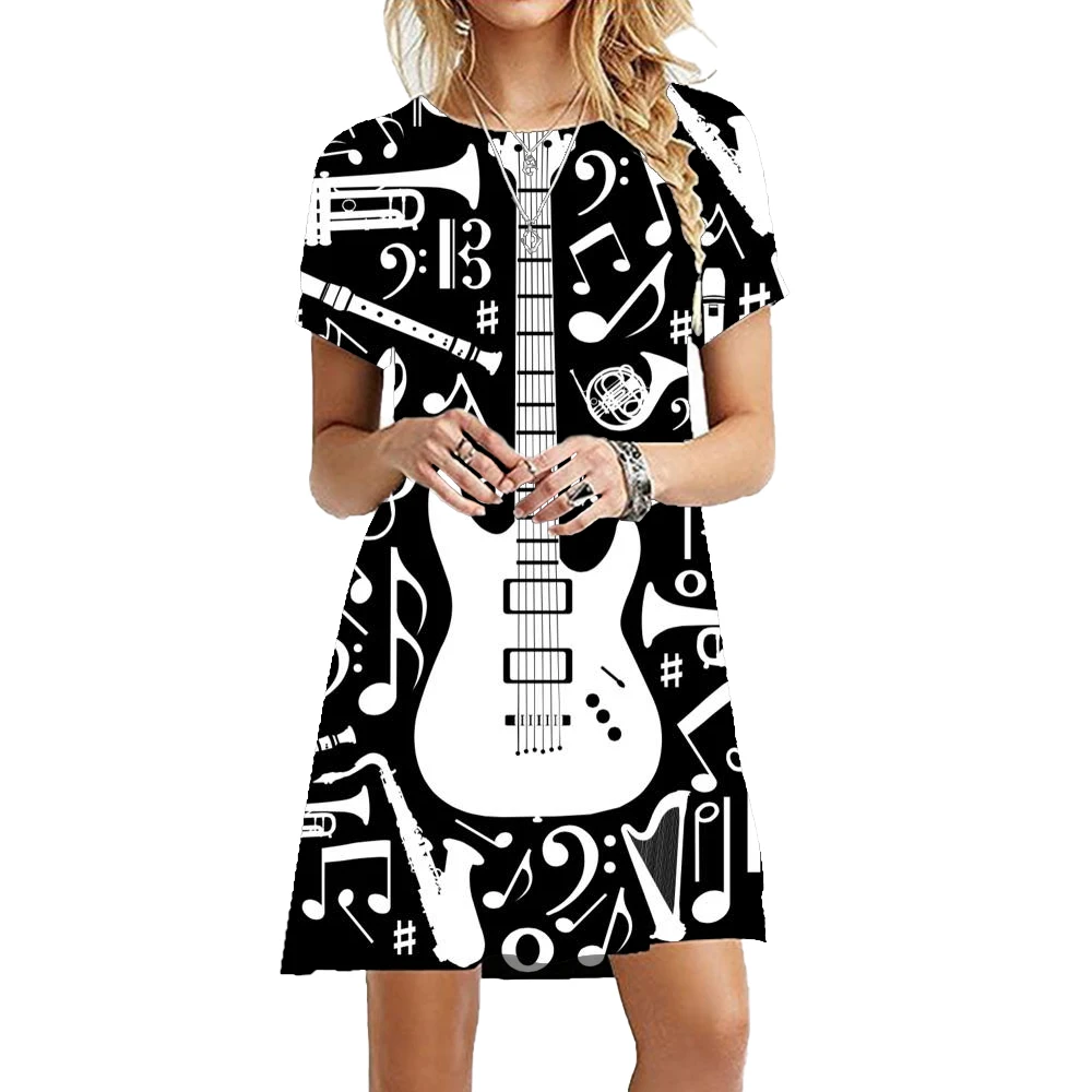 2023 New Women Guitar Pattern 3D Print Dresses Casual Fashion Street Hip Hop Rock Dress Summer Trend Short Sleeve A-Line Dress