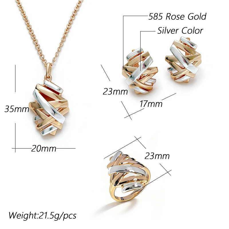Kinel Unique Cross Lines Bridal Ring Earrings Necklace for Women Fashion 585 Rose Gold Silver Color Mix Daily Fine Jewelry Set