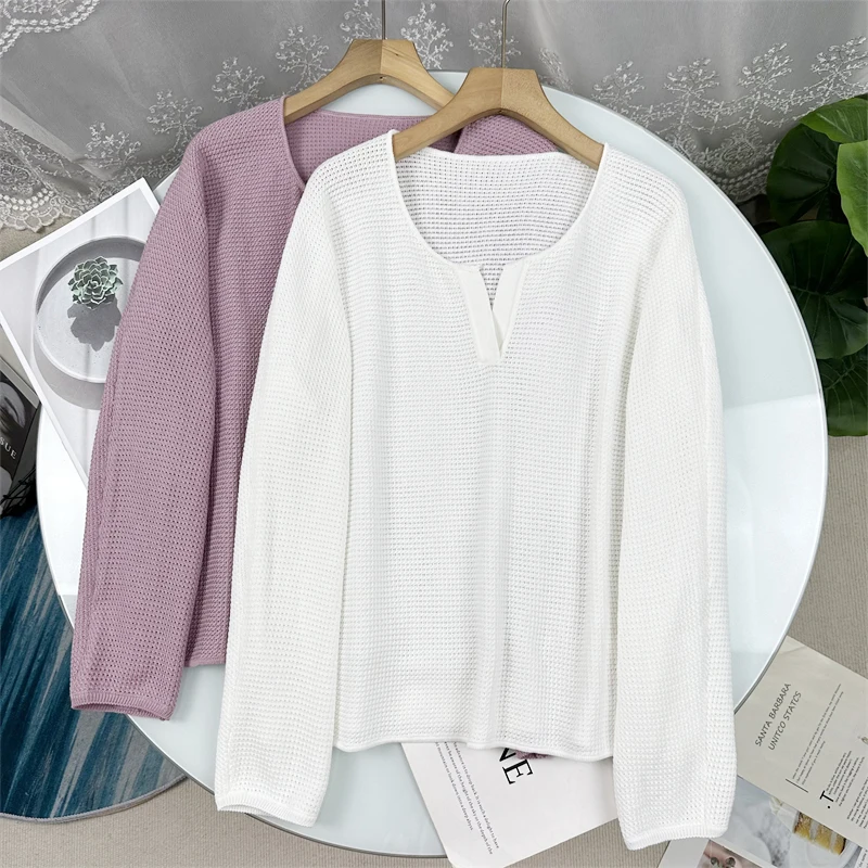 

Stunning Purple Pink Cotton Knitted Long Sleeve V-Neck Pullover Women's Autumn Fashionable Commute Style Loose Fit Knitwear