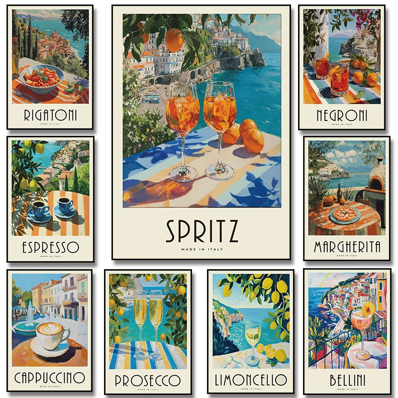 Affiche de tasse à expresso de pâtes de Cocktail d'été de la côte Amalfi italienne, peinture sur toile imprimée, tableau d'art mural pour décoration de salon et de maison