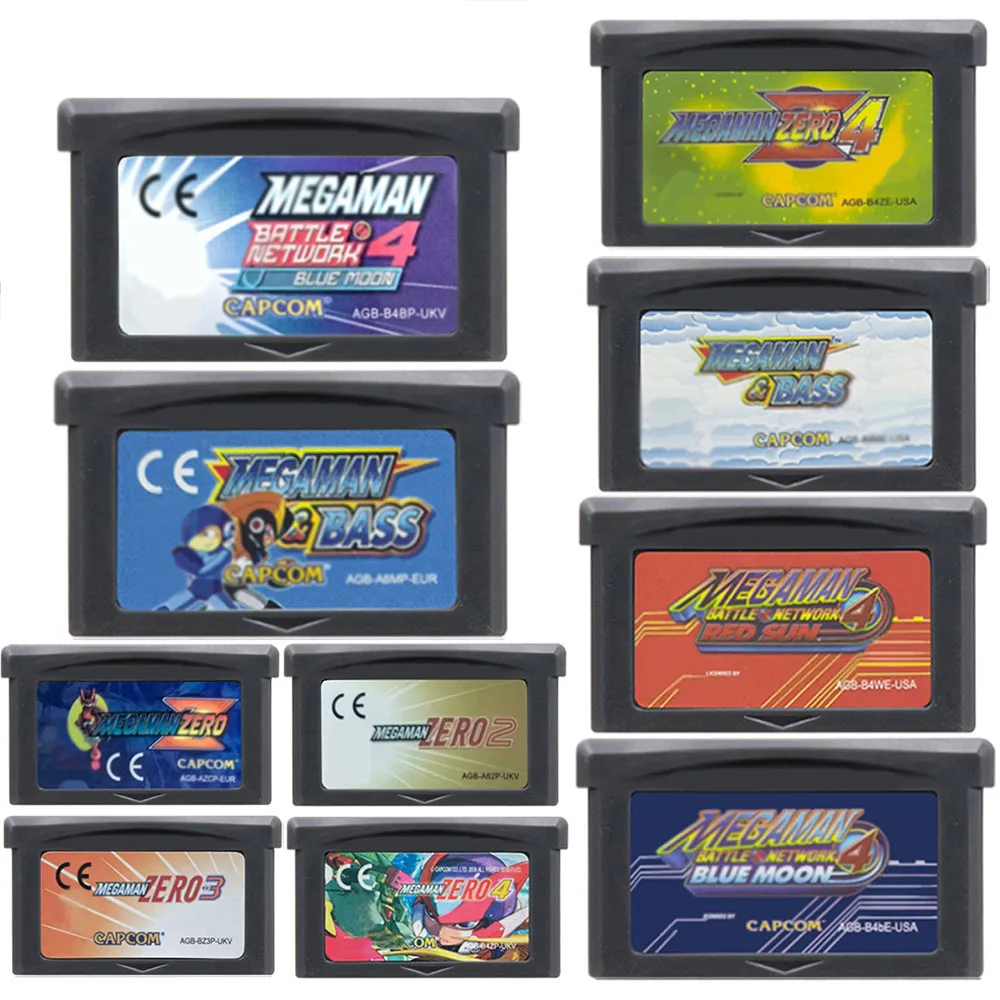 Cartucho de Jogo GBA MegaMan 32 Bits para Console de Videogame, Cartão de Jogo Mega Man Zero 1-4, Mega Man Red Sun Blue Moon para GBA