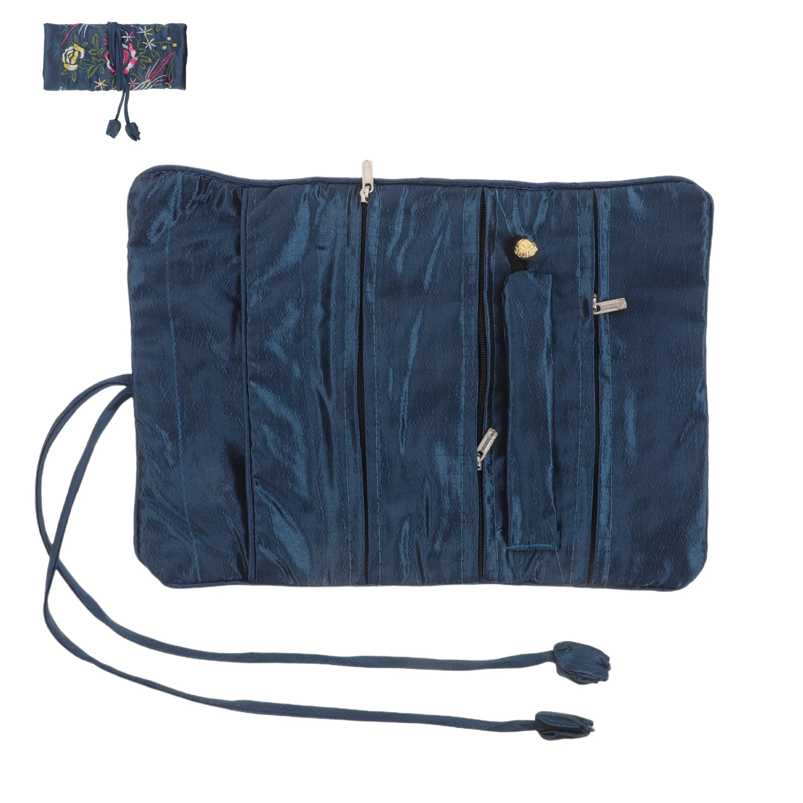 

Jewelry Storage Pouch Peacock Blue Embroidery Design Portable Rollup Case For Necklaces Bracelets Earrings Travel Organizer Bag