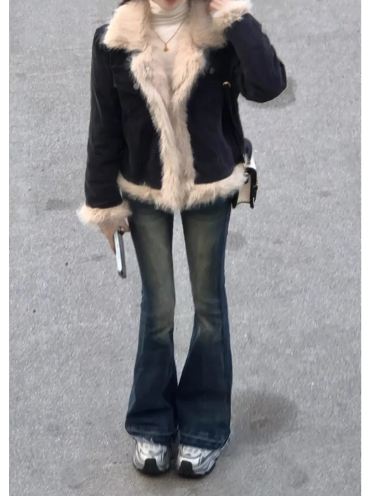 

Retro Plu Denim Cotton Jaet Women's Autumn Winter Thiened Warm Small Size Fluffy Top Trendy Long Sve Collar Coat